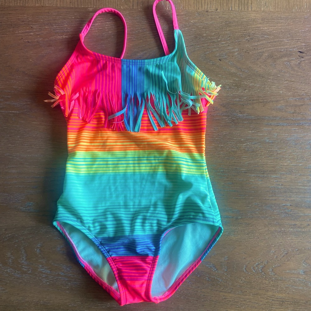 2/$20 Girls 1-piece swimsuit with fringe detail, bright rainbow colors